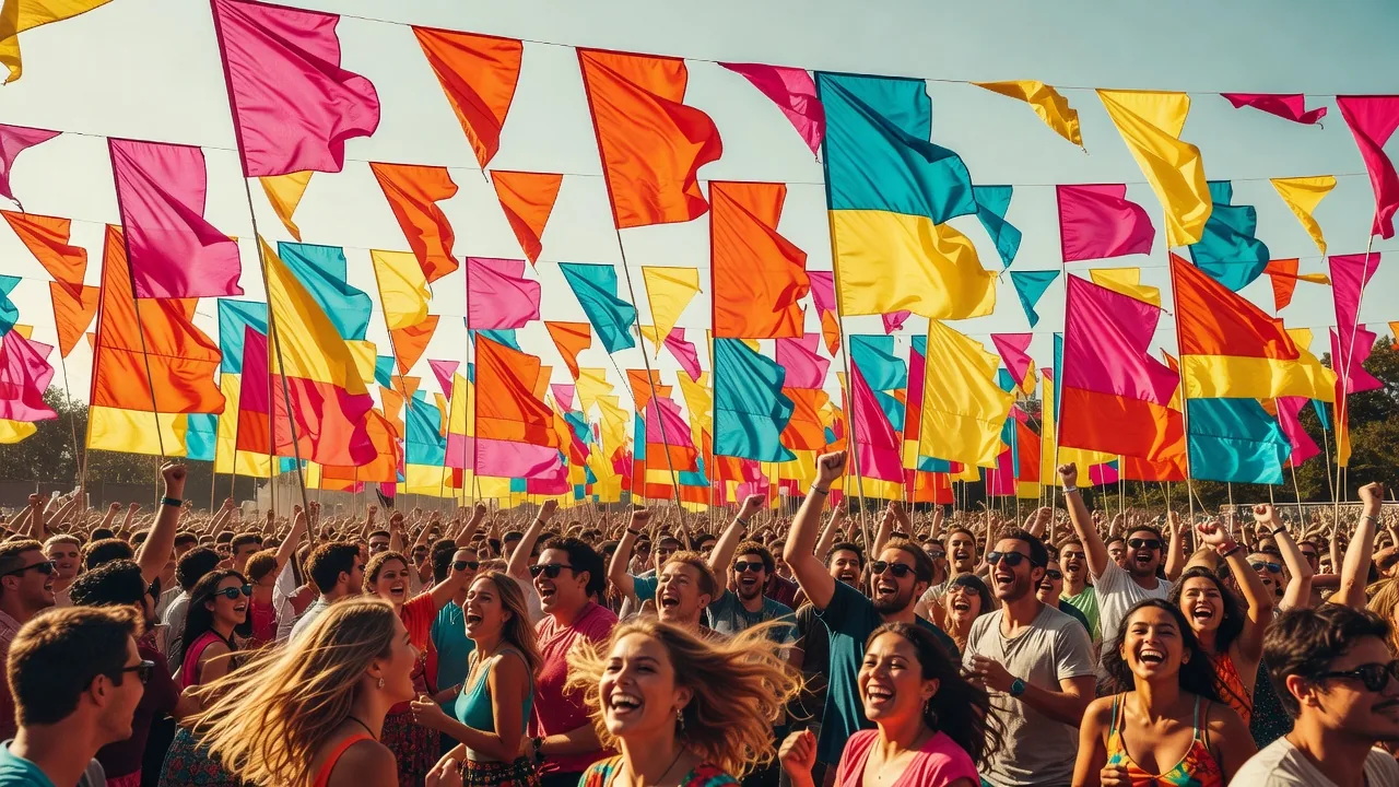 Colourful festival flags waving at Joyful Craft Space