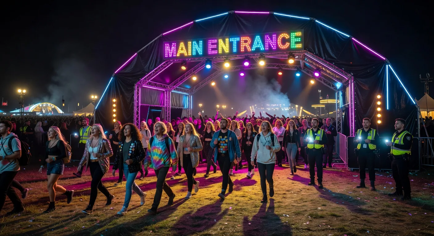 The festival entrance lit up at night with colourful lights