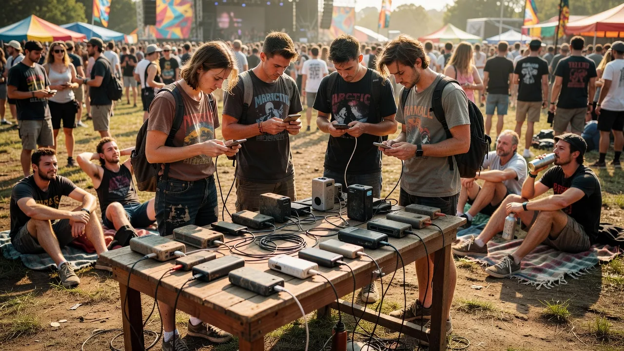 Festival attendees charging their phones at a charging hub