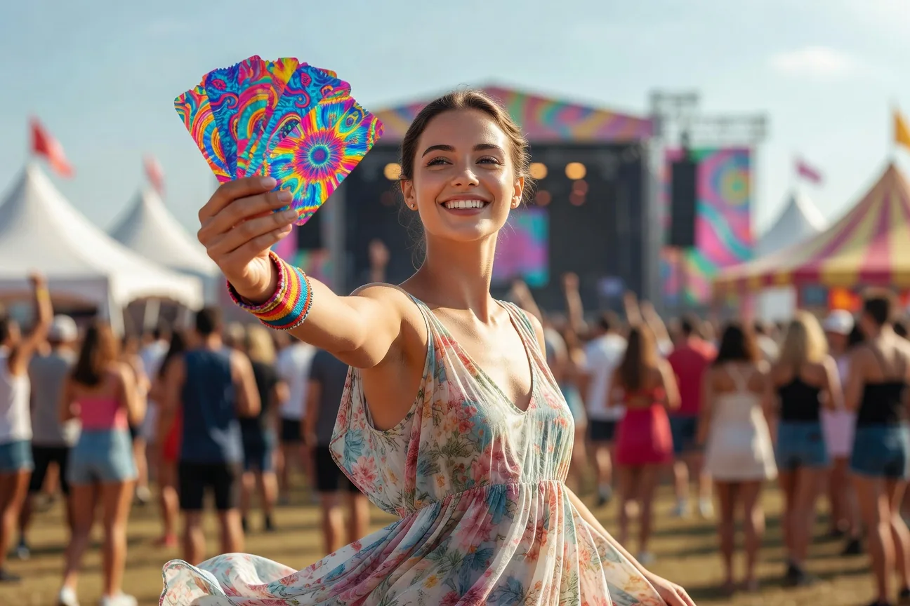 Happy festival attendee showing her Joyful Craft Space ticket
